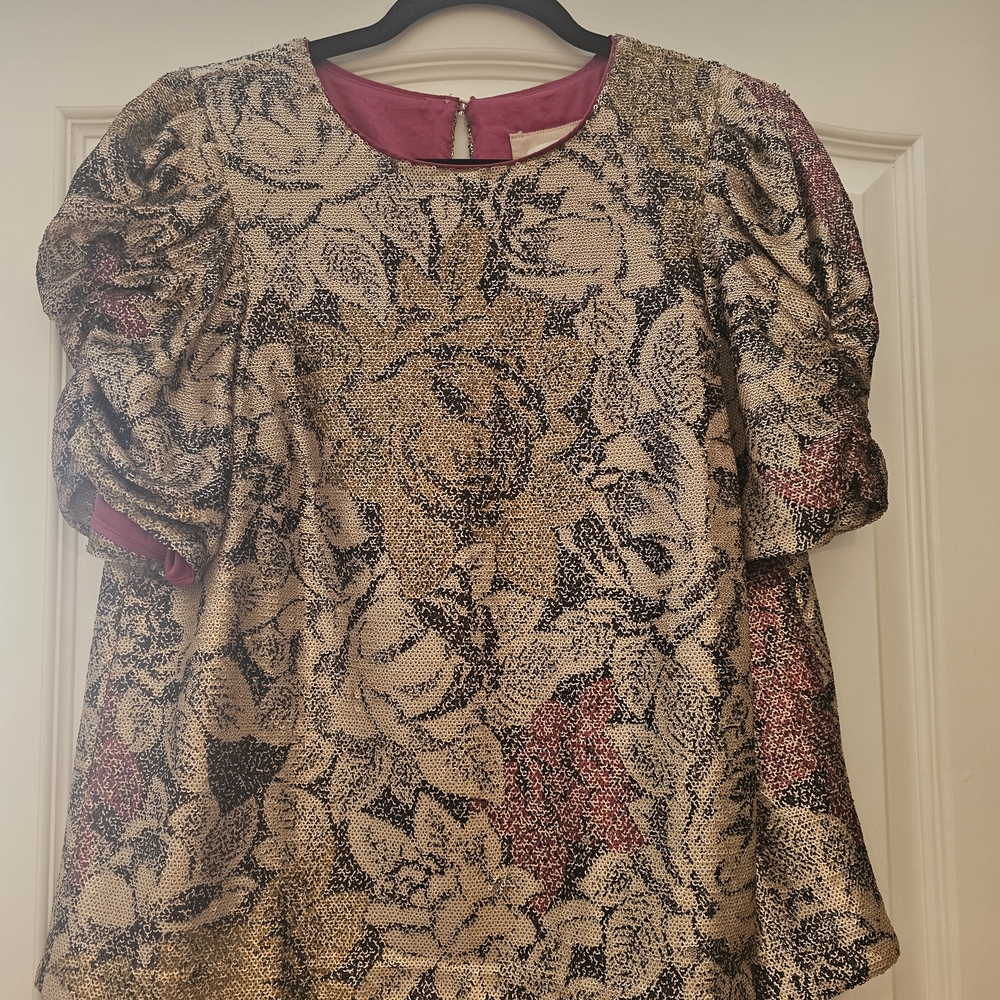 Anthropologie Metallic Floral Puff-Sleeve Top in Gold and Pink